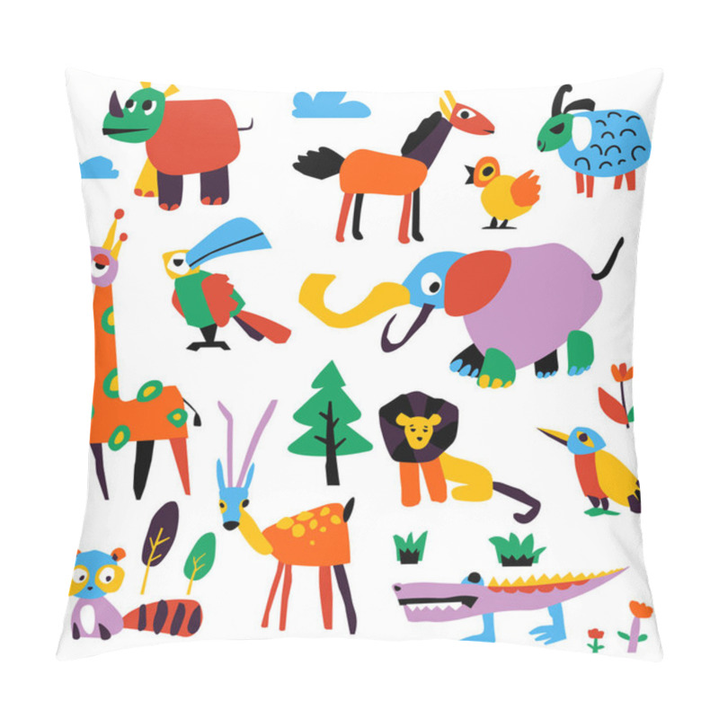 Personality  Drawn Characters With Funny Facial Expressions. Isolated Rhino And Sheep, Giraffe And Parrot, Lion And Crocodile, Deer And Raccoon. Emoji Or Emoticon, Sticker Or Personage. Vector In Flat Style Pillow Covers