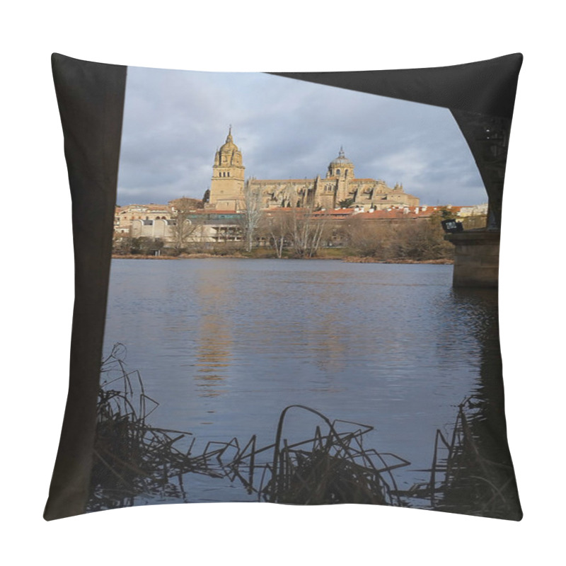 Personality  Salamanca. View Of Salamanca And The Enrique Estevan Bridge From The Dock Viewing Point Over The Tormes River. Traditional Stone Buildings. Salamanca Cathedral. SALAMANCA, SPAIN. 13 JANUARY 2025. Pillow Covers