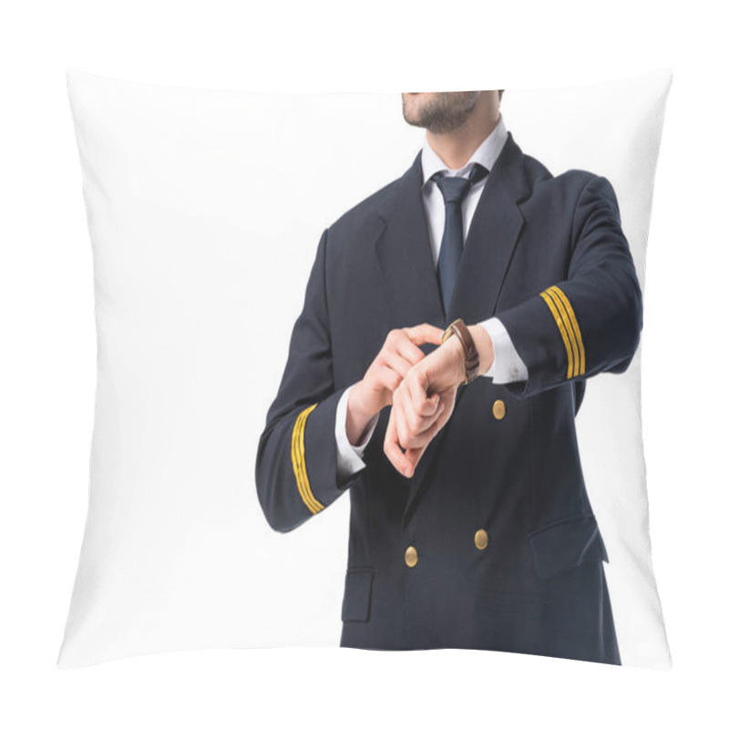 Personality  Cropped Shot Of Pilot Pointing At Watch On Wrist Isolated On White Pillow Covers