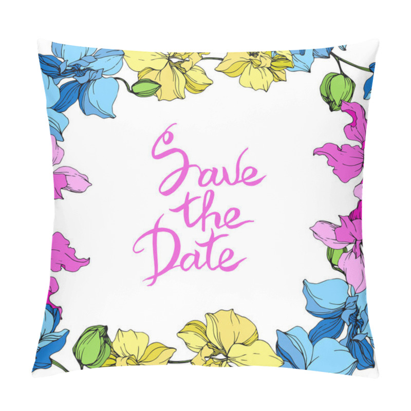 Personality  Blue, Pink And Yellow Orchids. Engraved Ink Art. Frame Floral Square On White Background. Save The Date Handwriting Monogram Calligraphy. Pillow Covers