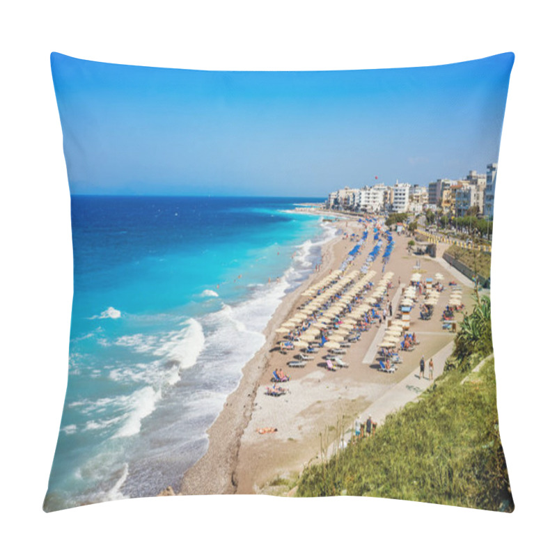 Personality  Aegean Beach With Sunshades In City Of Rhodes (Rhodes, Greece) Pillow Covers