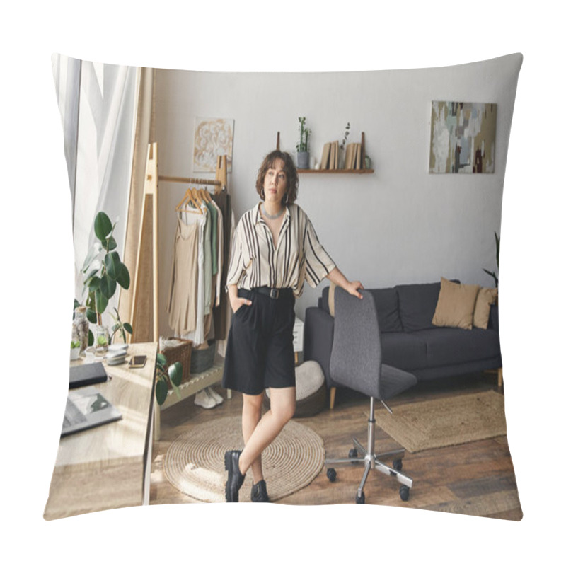 Personality  Young Woman With Curly Hair Relaxes In Her Modern Apartment, Surrounded By Natural Light. Pillow Covers