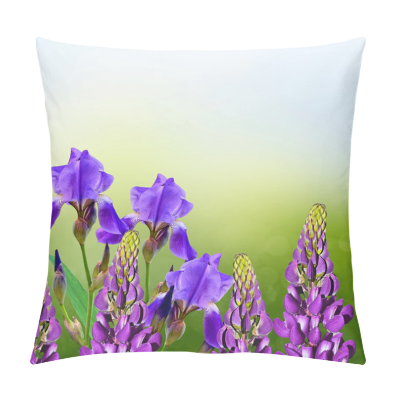 Personality  Spring Landscape. Blue Beautiful Garden Flowers Irises Pillow Covers