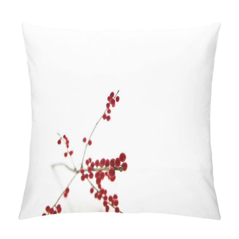 Personality  Delicate Red Berry Branch Against A Soft White Background. Pillow Covers