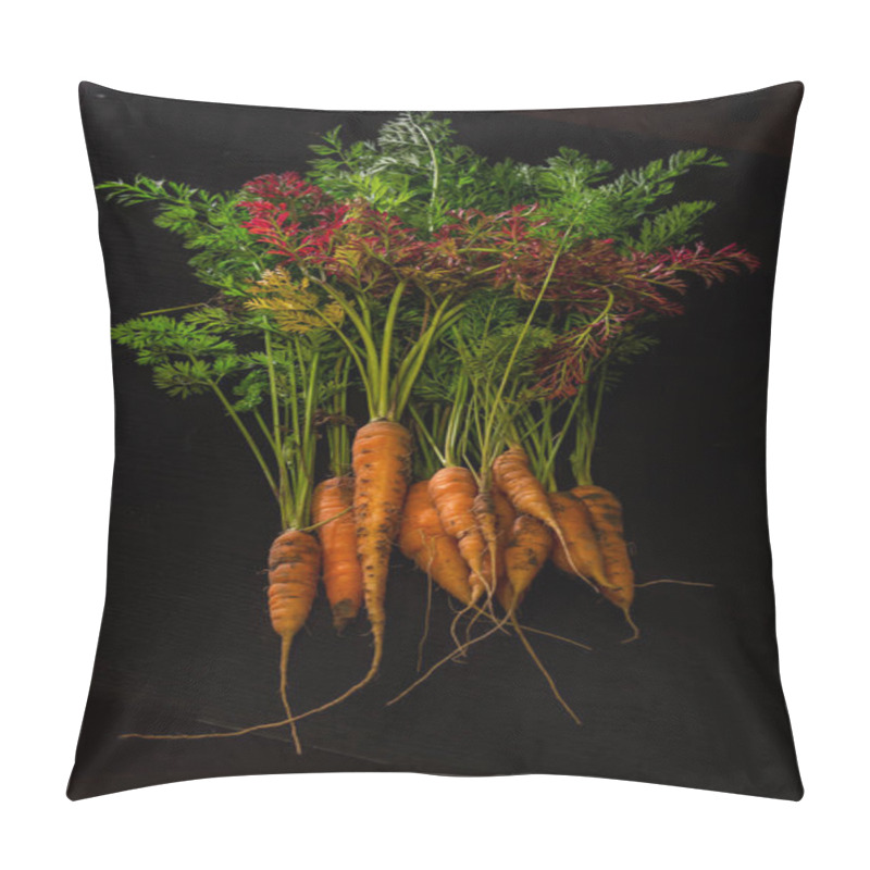 Personality  Fresh, Farmer, Young Carrots With A Beautiful Tops On A Black Painted Wooden Background Pillow Covers