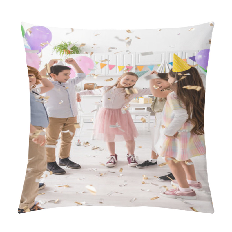 Personality  Happy Kids In Party Caps Dancing Under Falling Confetti During Birthday Celebration At Home  Pillow Covers