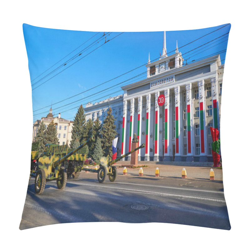 Personality  Tiraspol, Transnistria - September 2, 2020: Military Parade Dedicated To The 30th Anniversary Of Independence, Ordered Military Equipment And Weapons, Inscription In Russian - House Of Soviets Pillow Covers