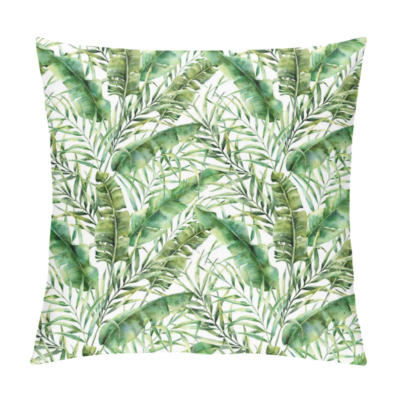 Personality  Watercolor Seamless Pattern With Tropical Tree Leaves. Hand Painted Banana And Coconut Greenery Exotic Branch On White Background. Botanical Illustration For Design, Fabric, Print Or Background. Pillow Covers