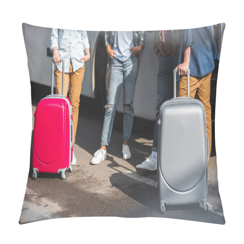 Personality  Cropped Image Of Tourists With Wheeled Bags Standing Near Travel Bus At Street Pillow Covers