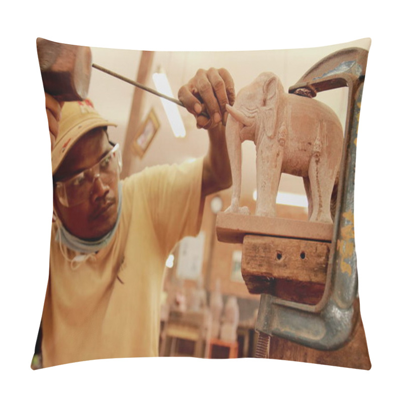 Personality  Artist Carefully Hand Crafting Statue And Miniature At Cambodia Art Center.  Pillow Covers