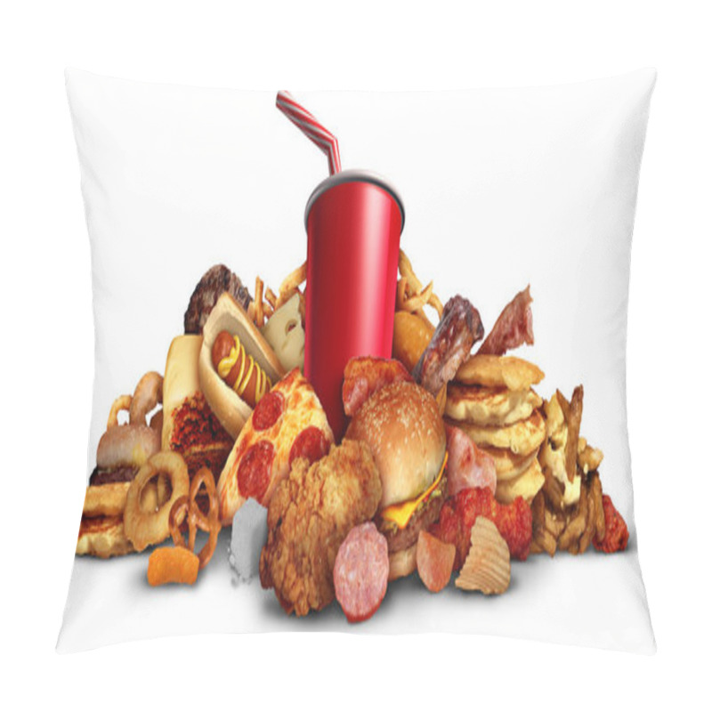 Personality  Consuming Junk Food As Fried Foods Hamburgers Soft Drinks Leading To Health Risks As Obesity And Diabetes As Fried Foods That Are High In Unhealthy Fats On A White Background With 3D Illustration Elements. Pillow Covers