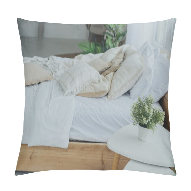 Personality  A Cozy Bedroom Showcases Soft, Layered Bedding In Neutral Tones, With A Small Plant On A White Side Table, Creating A Serene And Inviting Atmosphere, Perfect For Relaxation. Pillow Covers