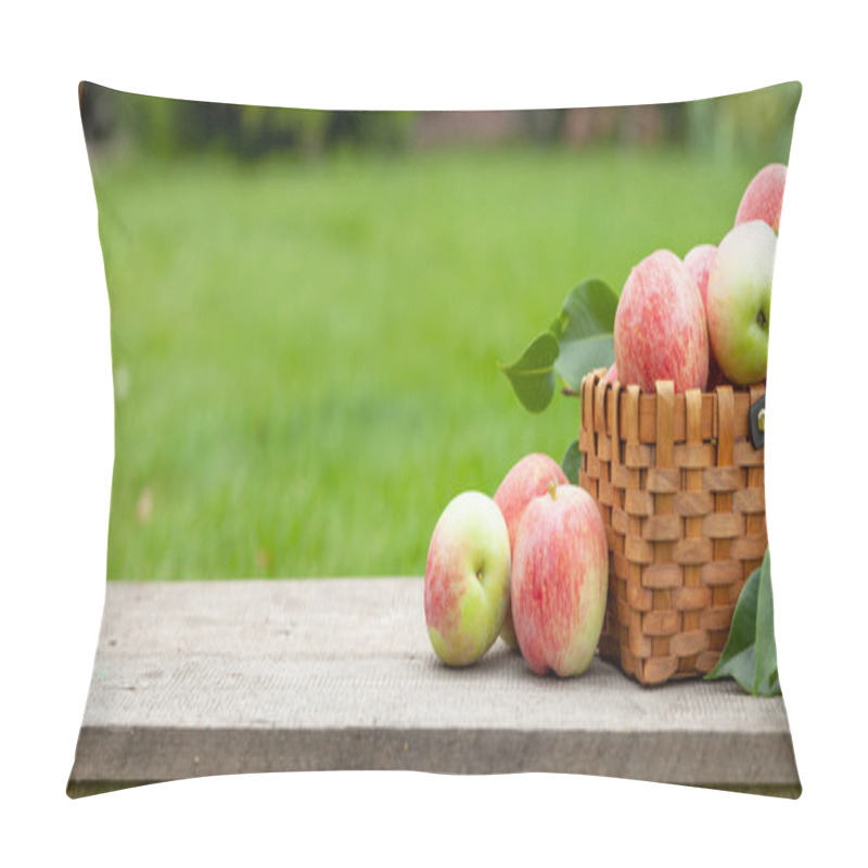 Personality  Ripe Garden Apple Fruits In Basket On Wooden Outdoor Table With Copy Space Pillow Covers