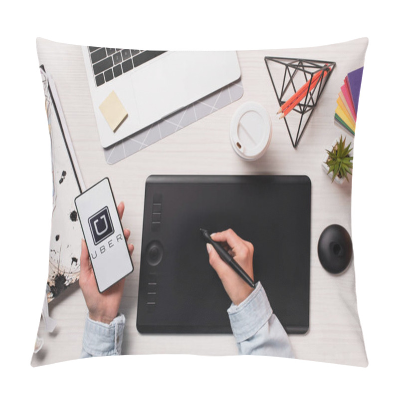 Personality  Cropped View Of Designer Using Graphics Tablet, Pen And Smartphone With Uber App On Screen, Flat Lay Pillow Covers