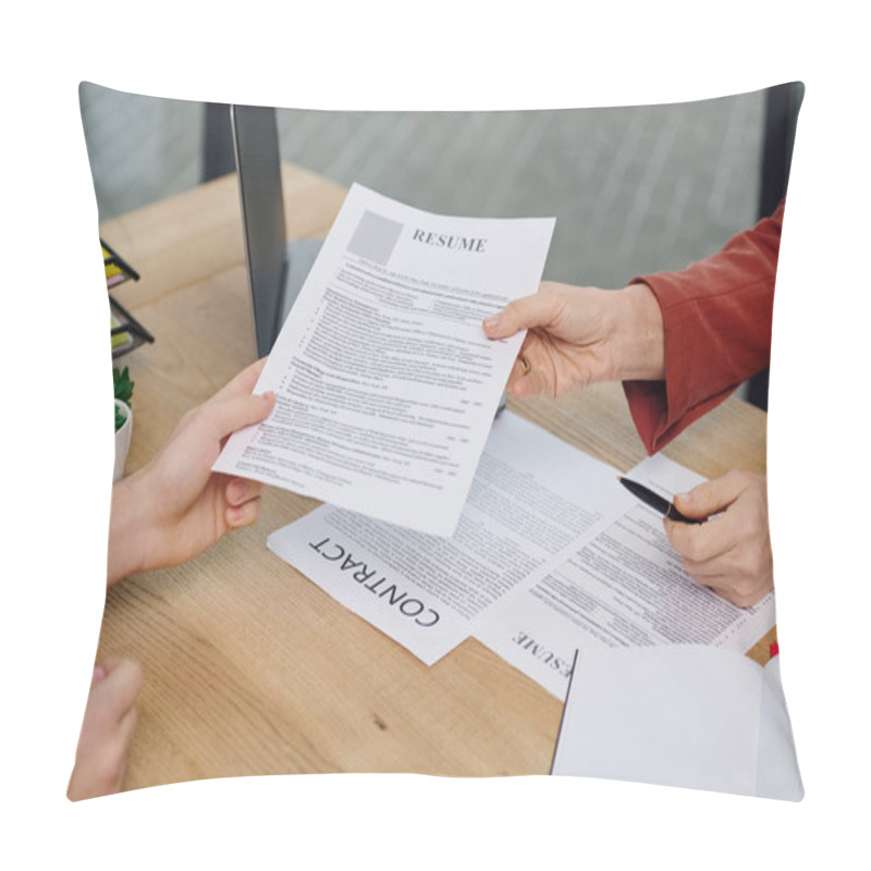 Personality  A Man Hands A Resume To A Woman During A Job Interview. Pillow Covers