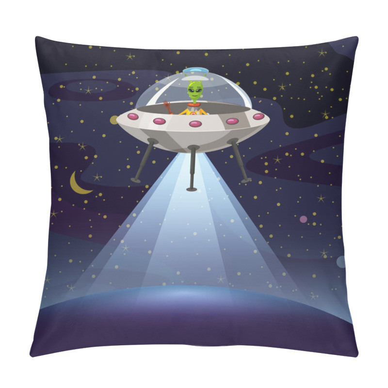 Personality  Ufo Poster. Flying Saucer, Alien, Sartoon Style, Vector Illustration Pillow Covers