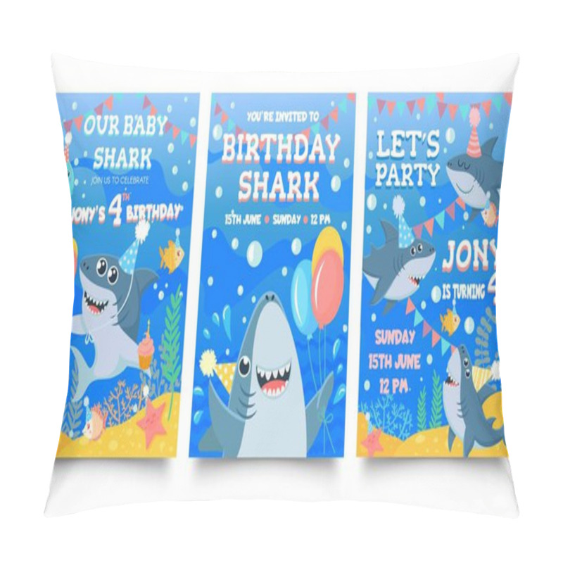 Personality  Invitation Card With Cute Sharks. Baby Shark Birthday Party, Sharks Family Celebrate Children Birthday And Invitations Template Cartoon Vector Illustration Pillow Covers