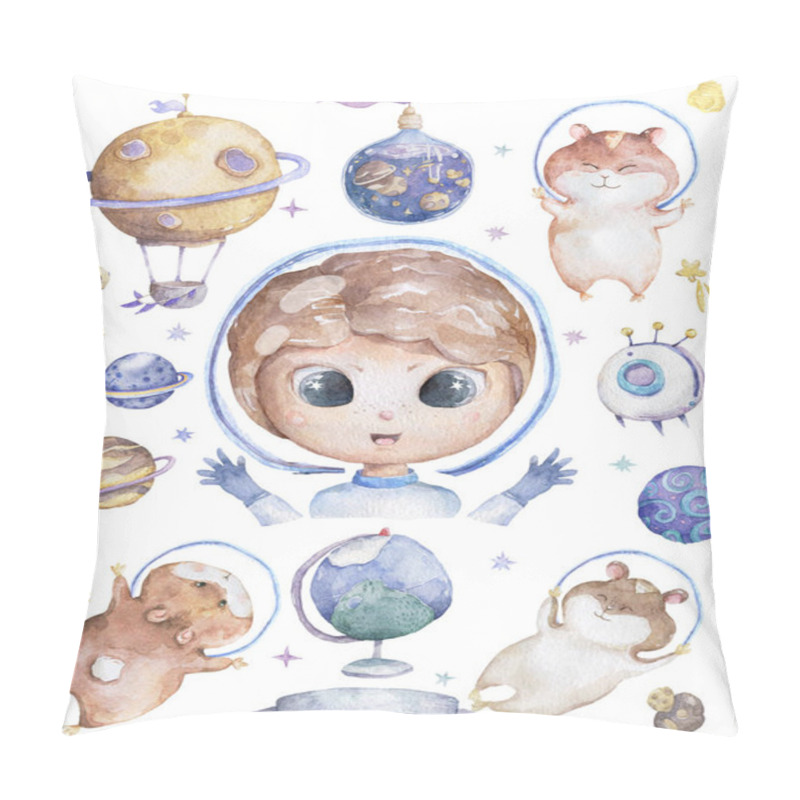 Personality  Cute Smiling Boy Brown Hair Flowers In Head Take Blue Planet In Hands Set Of Satellites, Planet And Funny Hamster Watercolor Set With Space Objects Isolated On White Cartoon Illustration For Children Pillow Covers