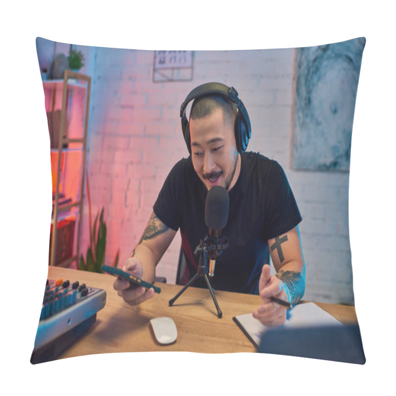 Personality  A Handsome Asian Man Is Recording A Podcast In His Home Studio, Wearing Headphones And Speaking Into A Microphone. Pillow Covers