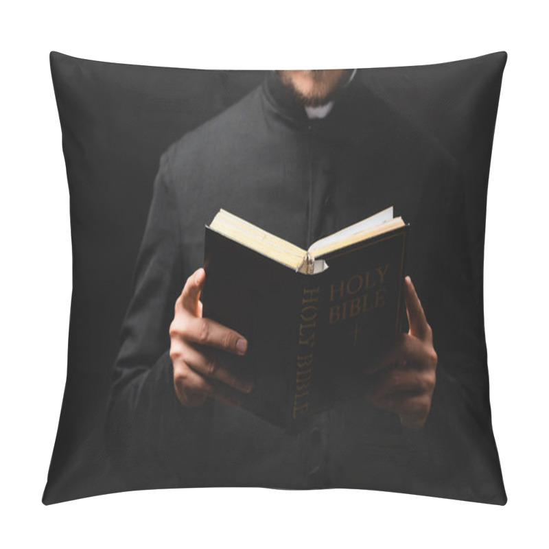 Personality  Partial View Of Bearded Pastor Reading Holy Bible Isolated On Black  Pillow Covers