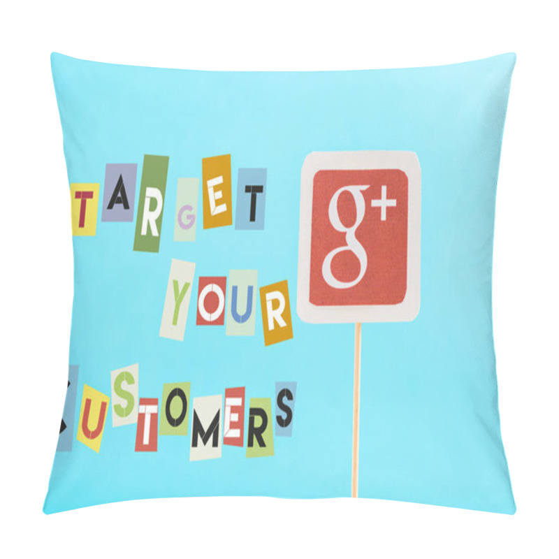 Personality  Card With Google Plus Logo And Target Your Customers Lettering Isolated On Blue Pillow Covers