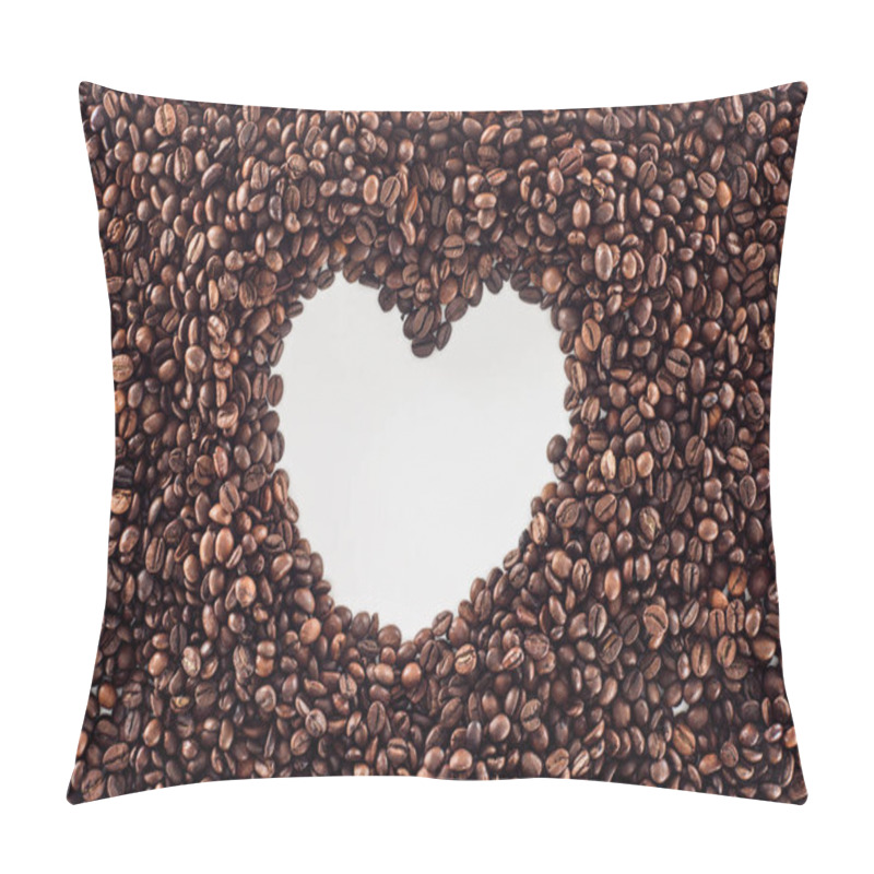 Personality  Top View Of Heart Made From Roasted Coffee Beans On White  Pillow Covers