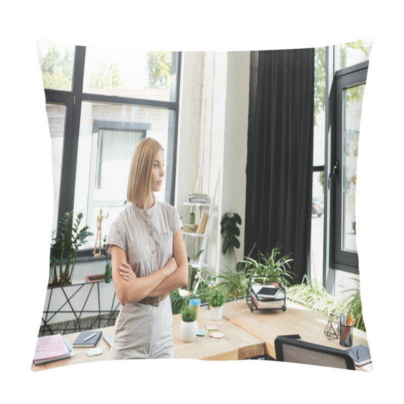 Personality  A Young Professional Stands Thoughtfully By The Window, Surrounded By Plants And Office Supplies. Pillow Covers