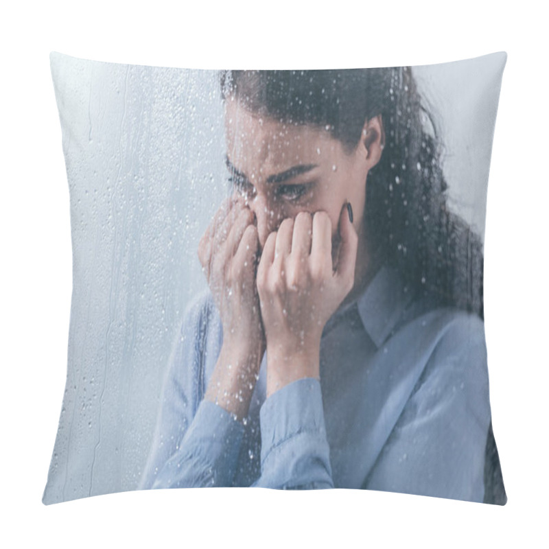 Personality  Depressed Woman Covering Face With Hands And Crying At Home Through Window With Raindrops Pillow Covers