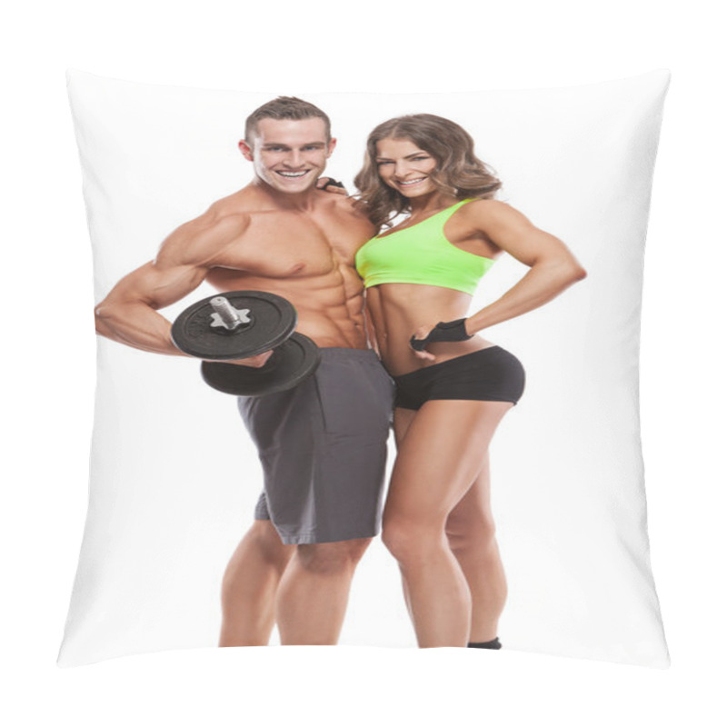 Personality  Fitness Young Sporty Couple With Dumbbell Pillow Covers