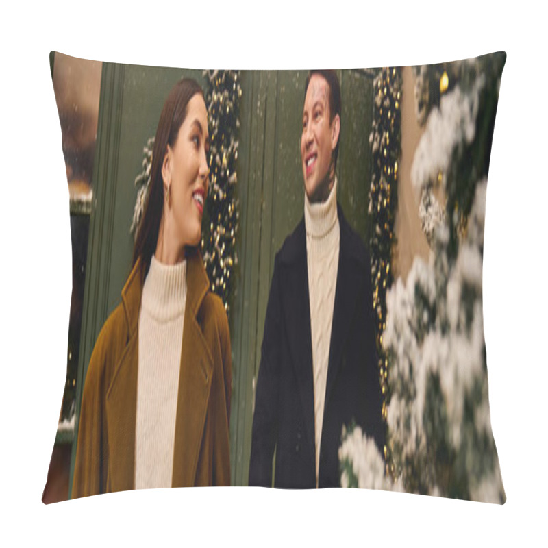 Personality  A Loving Couple Walks Together, Smiling And Sharing Joy In A Winter Wonderland Setting. Pillow Covers