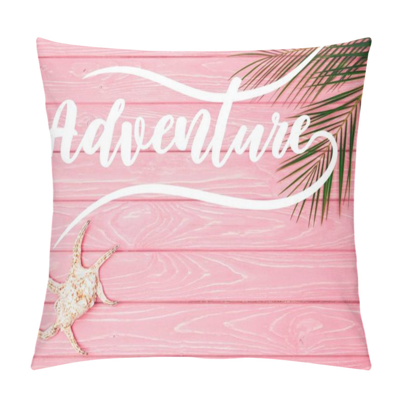 Personality  Top View Of Seashell With Palm Leaves On Pink Wooden Surface With 