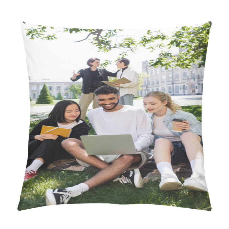 Personality  African American Student Using Laptop Near Multiethnic Friends With Copy Book And Coffee On Grass In Park  Pillow Covers