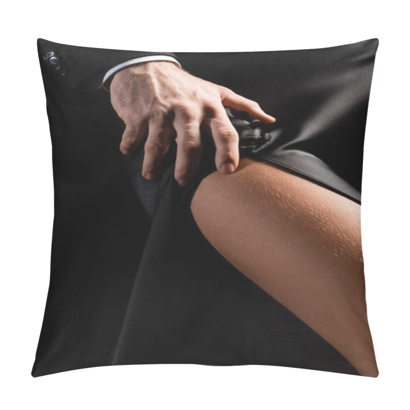 Personality  Close Up View Of Male Hand Passionately Touching Hip Of Woman In Silk Dress Isolated On Black Pillow Covers