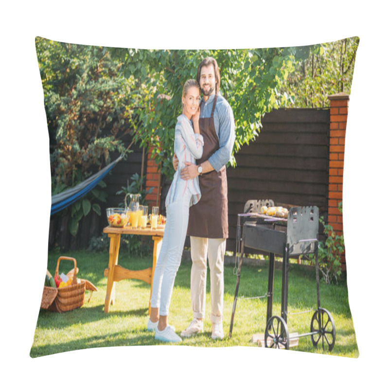 Personality  Smiling Couple Looking At Camera Having Barbecue On Backyard On Summer Day Pillow Covers