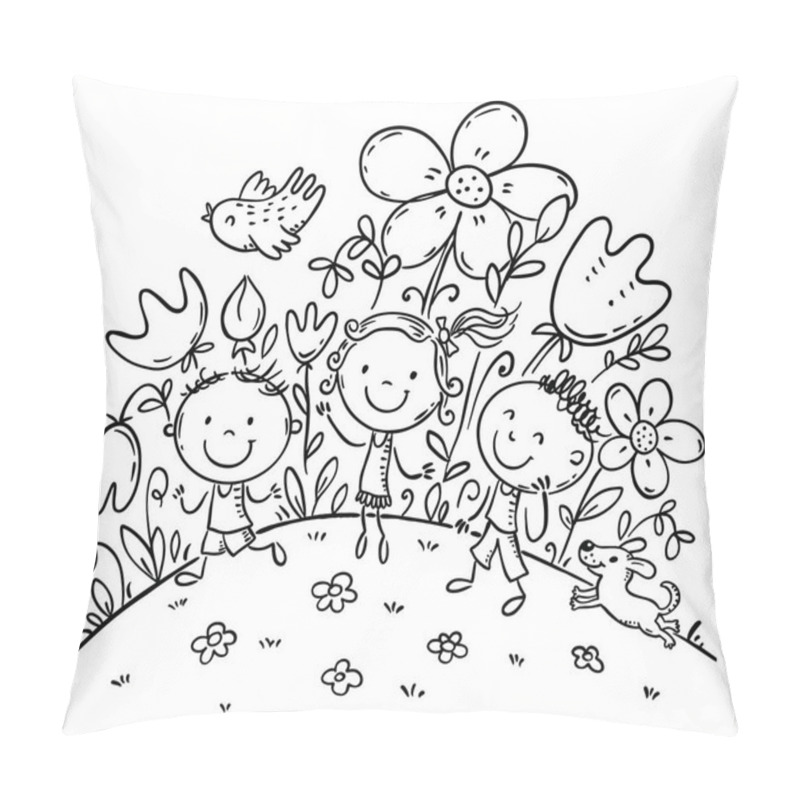 Personality  Hand Drawn Outline Vector Illustration Of Children On Flowering Hill Pillow Covers