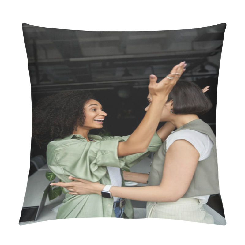 Personality  Two Women In An Office Setting Celebrate A Success Together, Arms Raised In Joy. Pillow Covers