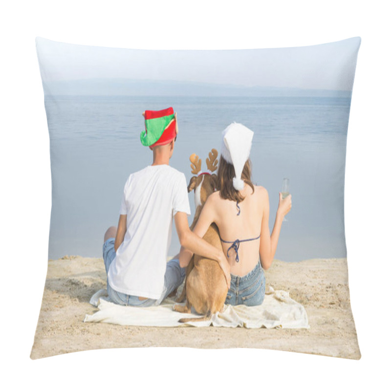 Personality  Young Family Couple With Pet Dog Sit On The Beach And Enjoy Sea View At Christmas Holiday Pillow Covers