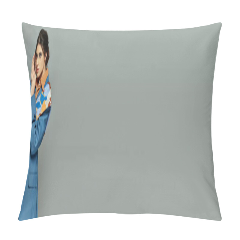 Personality  Portrait, Brunette Woman With Bold Makeup, Dreamy, Model In Blue Suit, Formal Attire, Grey, Banner Pillow Covers