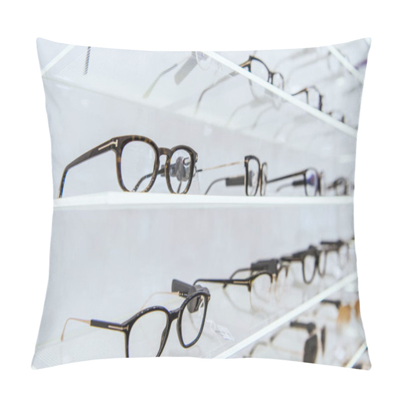 Personality  Selective Focus Of White Shelves With Trendy Glasses In Ophthalmic Shop Pillow Covers