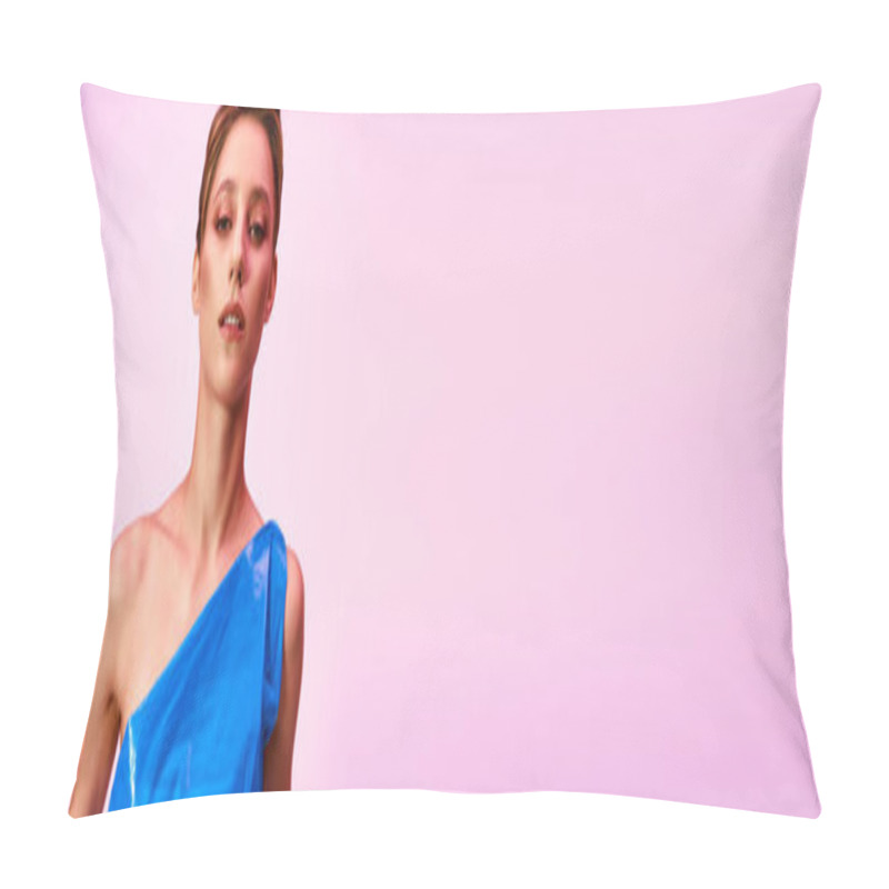 Personality  A Woman In A Blue Dress Poses Against A Pink Background. Pillow Covers