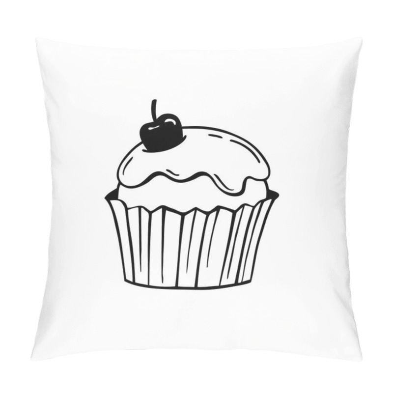 Personality  Cupcake With Frosting And Cherry. Black And White Vector Illustration. Pillow Covers