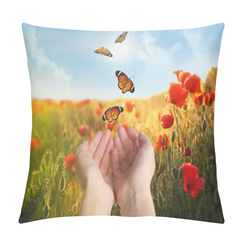 Personality  Woman Releasing Butterflies In Field On Sunny Day, Closeup. Freedom Concept Pillow Covers