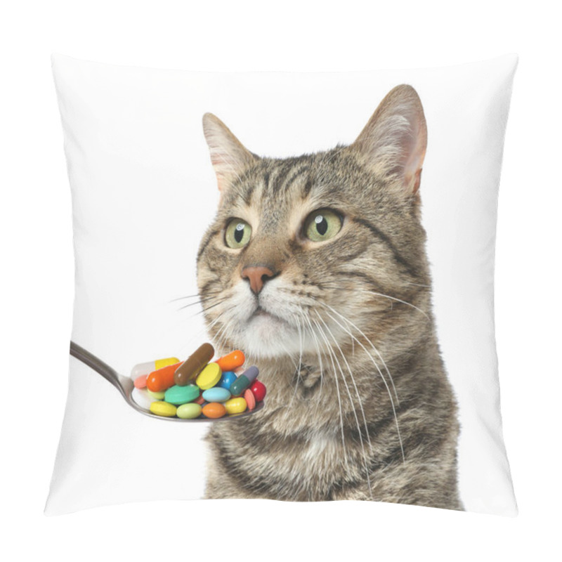 Personality  Cute Tabby Cat And Spoon Full Of Different Pills On White Background. Vitamins For Animal  Pillow Covers