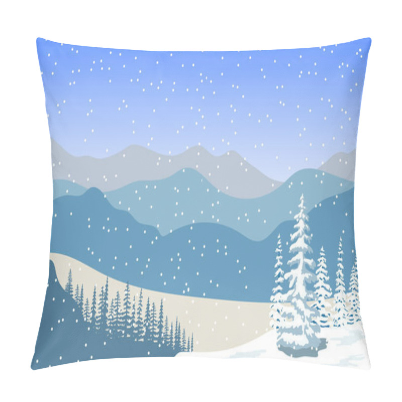 Personality  Winter Landscape With Silhouettes Of Mountains, Snowfall And Forest At Sunrise Pillow Covers