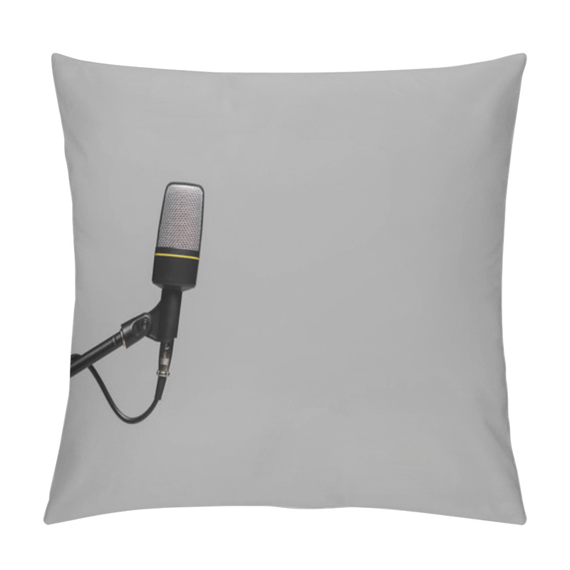 Personality  Microphone With Wire On Black Metal Stand Isolated On Grey With Copy Space, Studio Photo  Pillow Covers