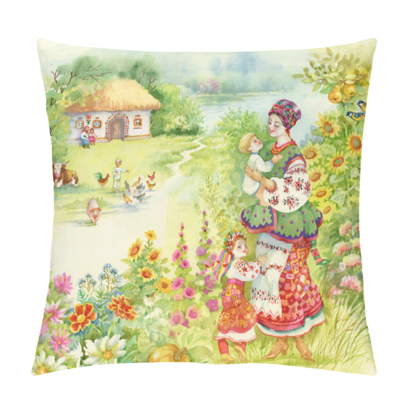 Personality  Woman In Folk Costume With Children. Pillow Covers