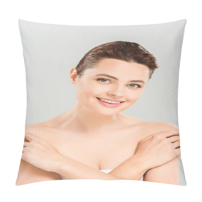 Personality  Cheerful Woman Touching Shoulders And Smiling Isolated On Grey Pillow Covers