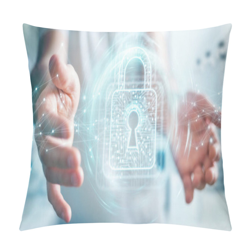 Personality  Businessman Using Digital Padlock With Data Protection 3D Render Pillow Covers