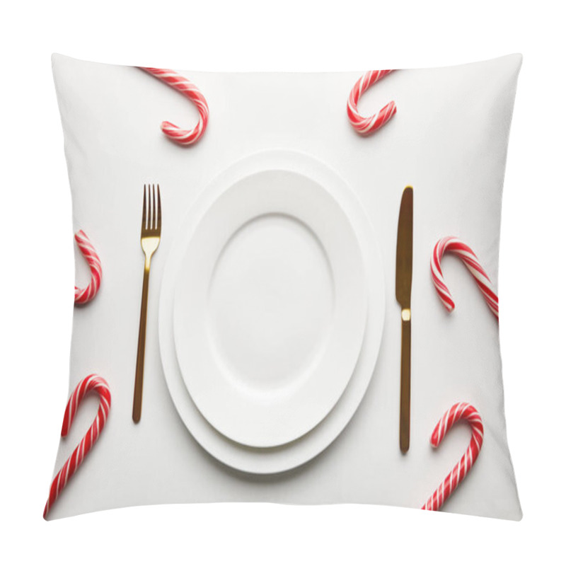 Personality  Top View Of Festive Christmas Table Setting On White Background With Candies Pillow Covers