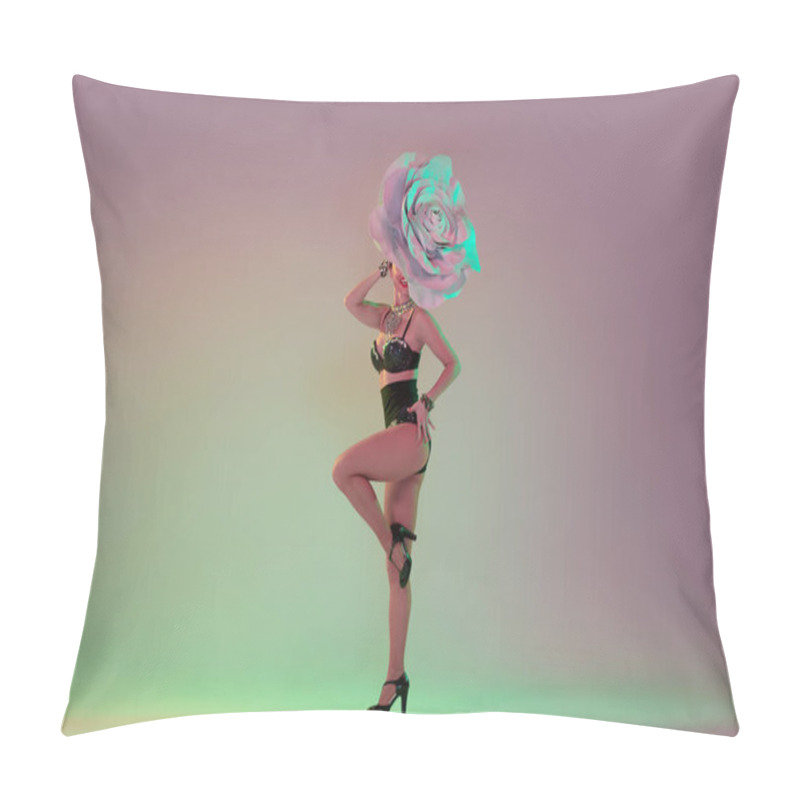 Personality  Young Female Dancer With Huge Floral Hats In Neon Light On Gradient Background Pillow Covers